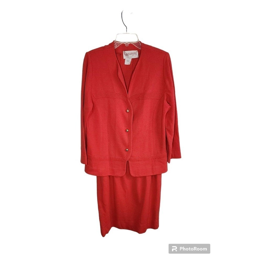 Vintage Castleberry Red Knit 2 Pc Skirt Suit Union Wool Blend Classic Business